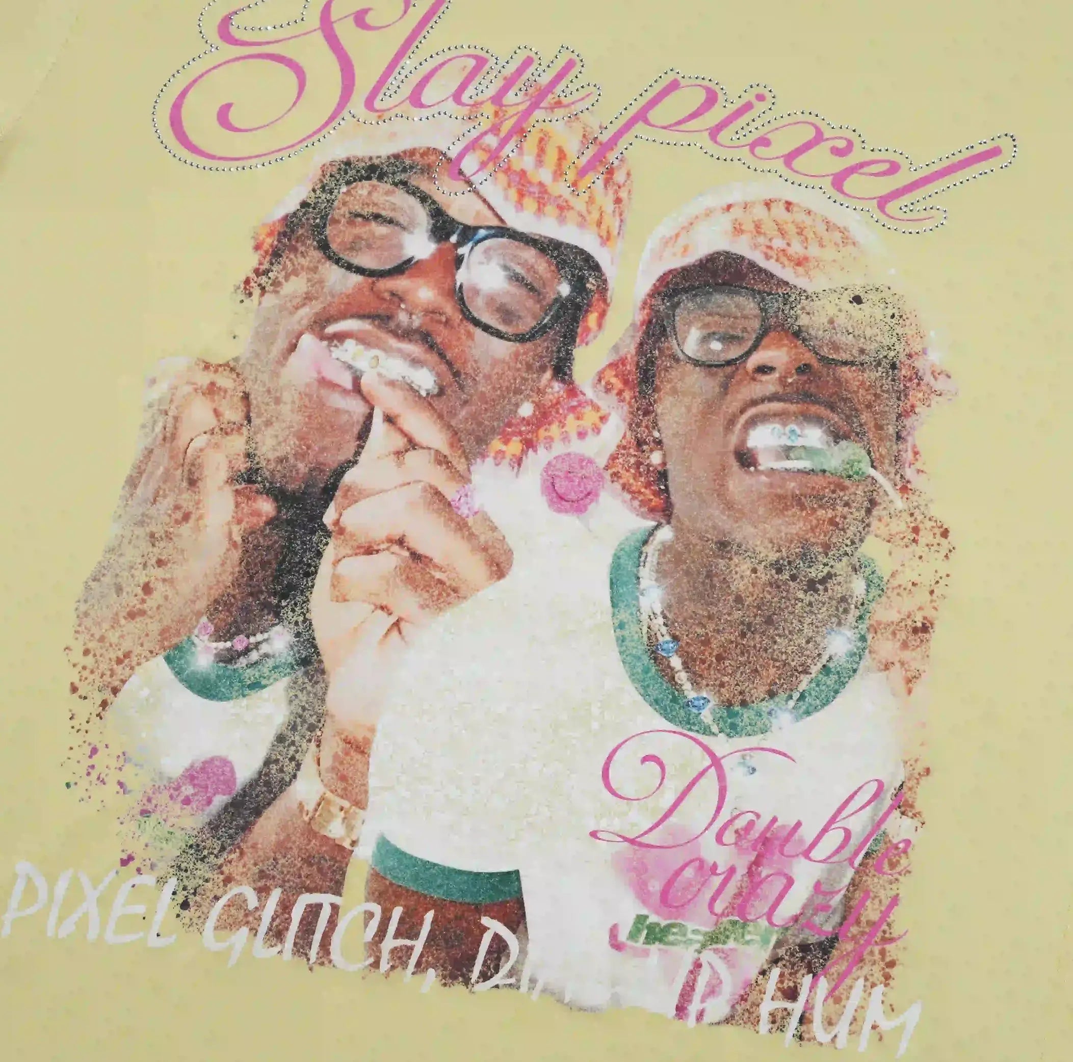 Yellow Y2K graphic tee detail with rhinestone lettering and vintage portrait print