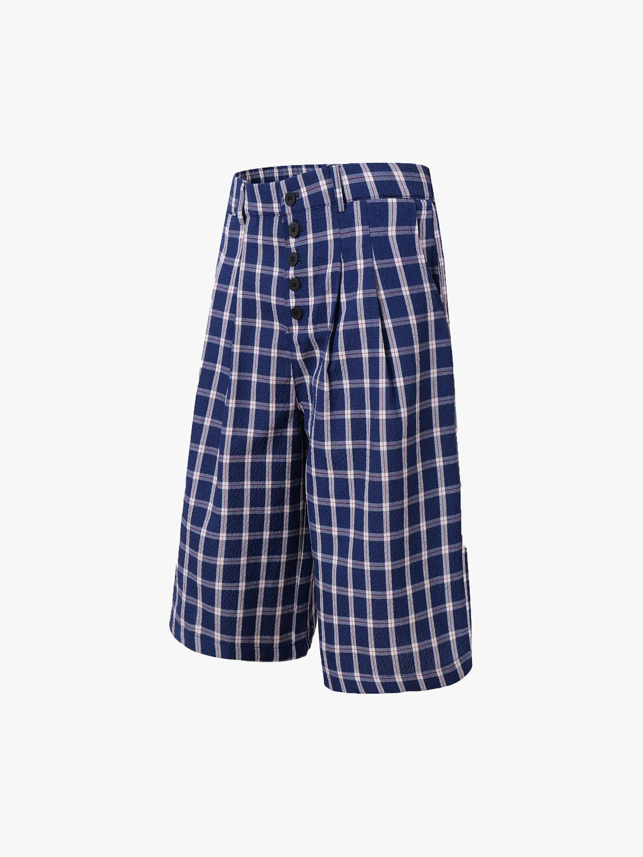 Street Chic Plaid High-Waist Checkered Shorts Button Detail