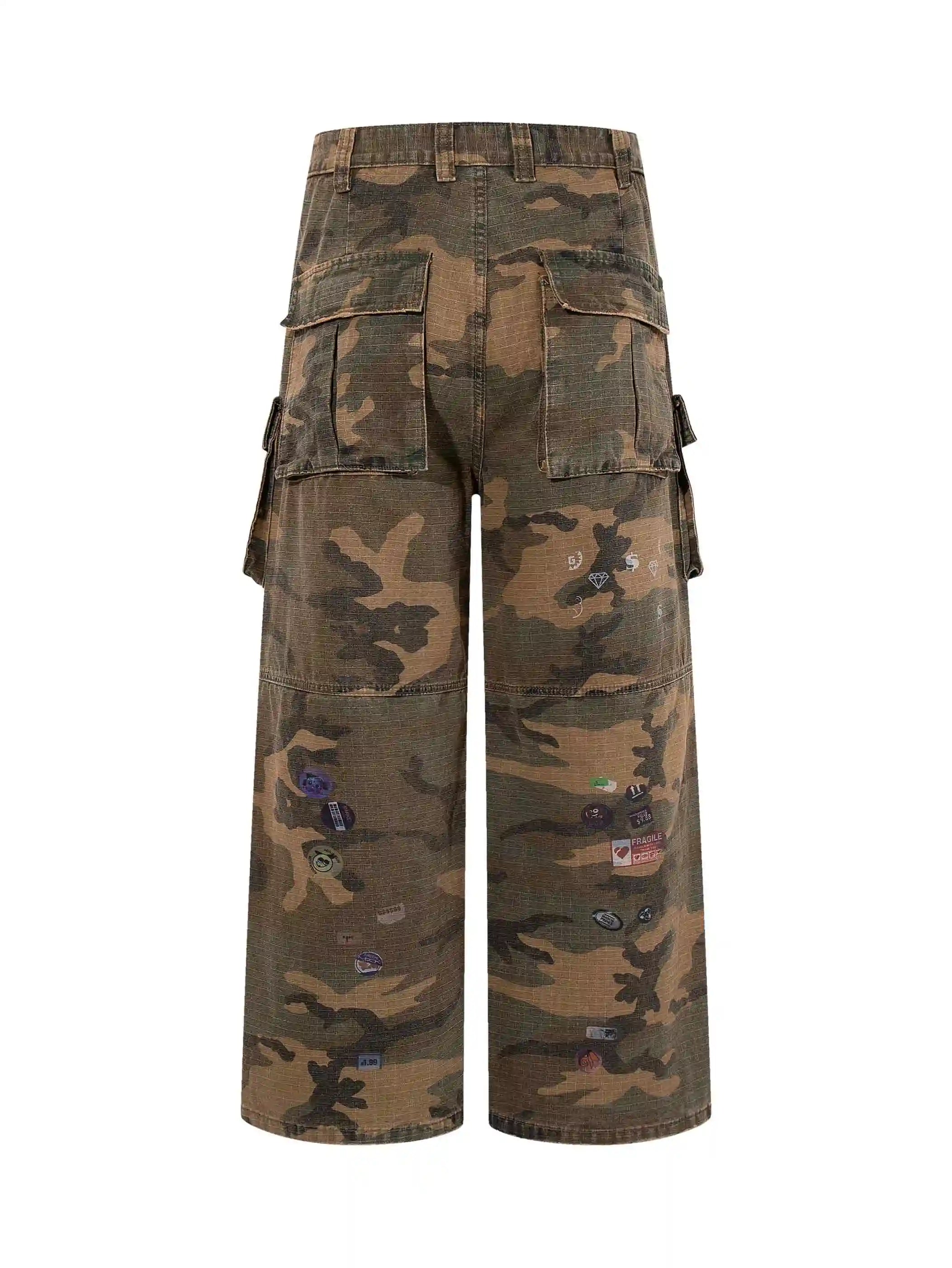 Pantalon cargo déchiqueté à badge camouflage-S1233