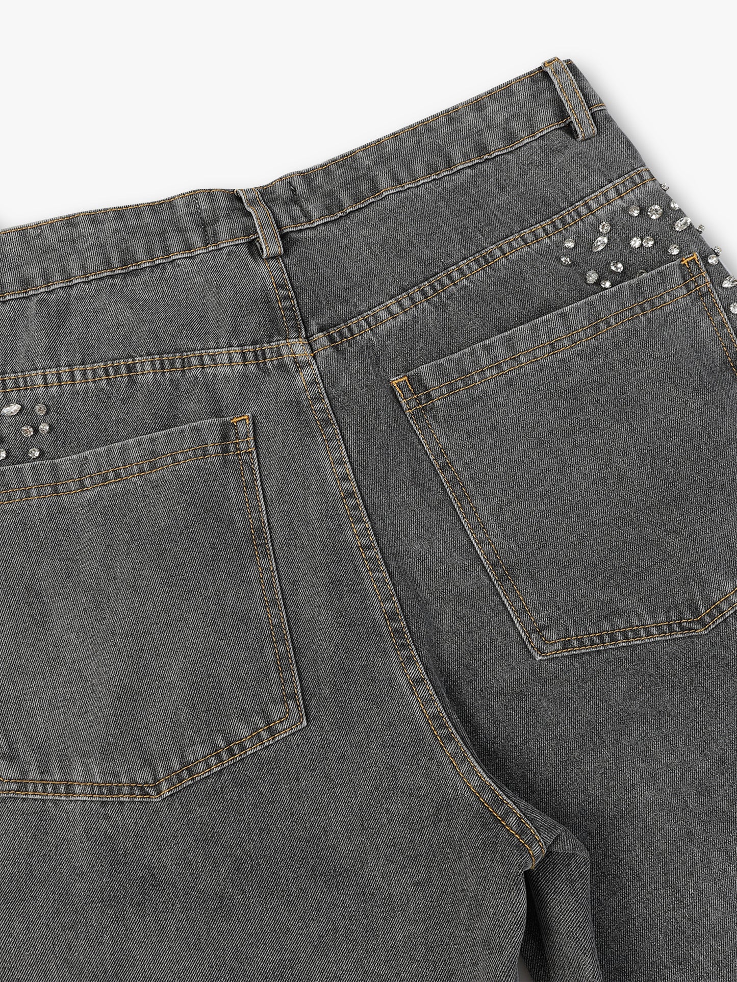 Casual Street Style High Waisted Wide Leg Jeans with Crystal Embellishments Light Blue Denim