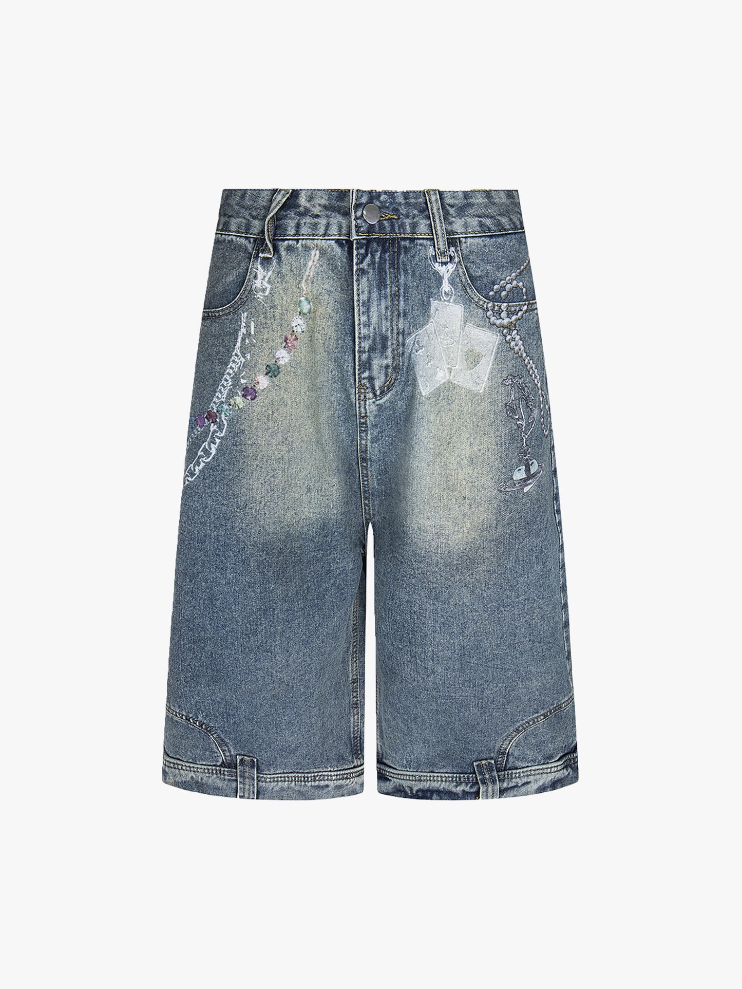 Chain Print Denim Shorts Unisex Streetwear Poker Graphic Loose Pants-S1014