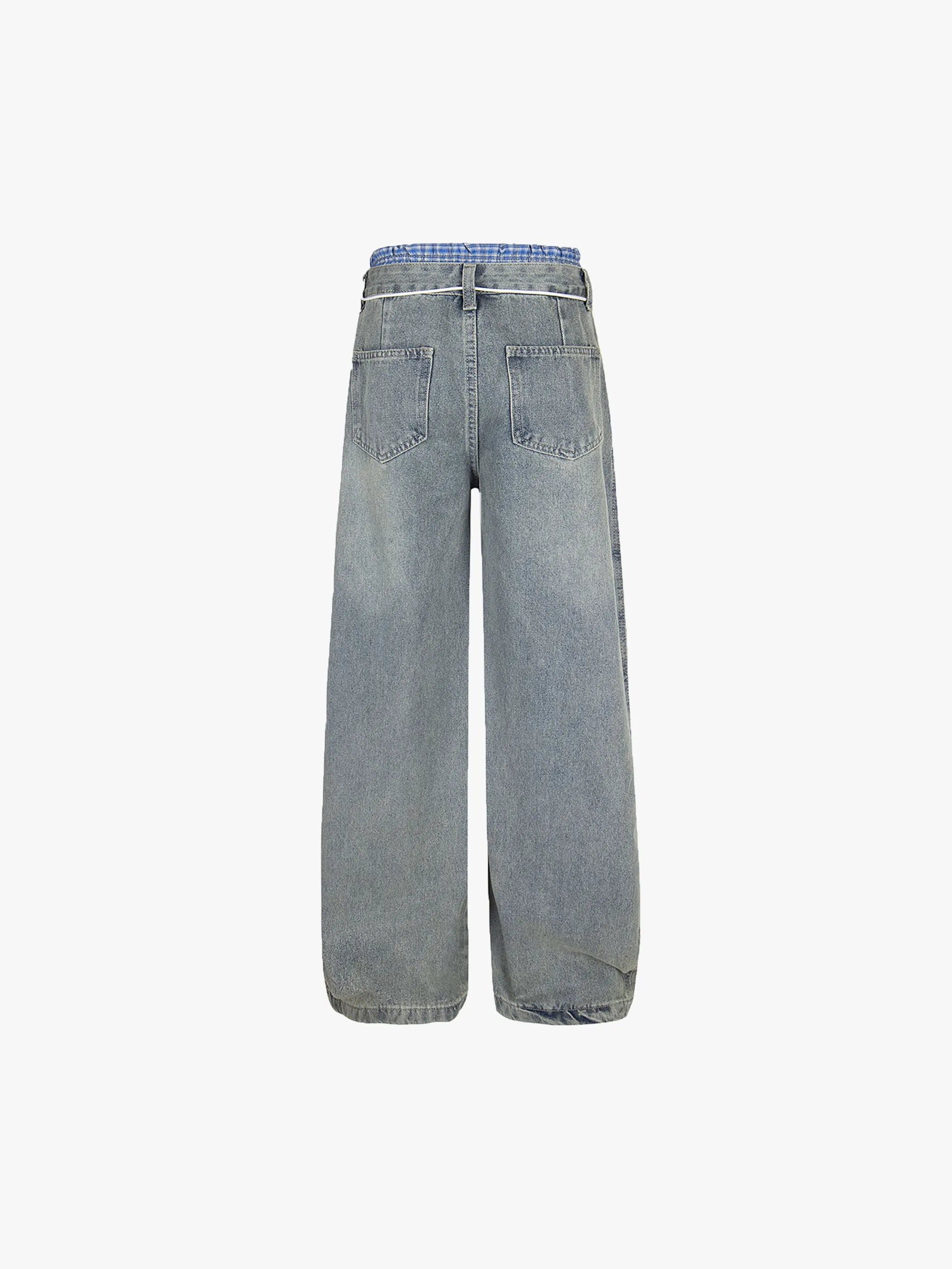 New Style Casual Wide-Leg Denim Pants with Drawstring Waist Trendy Relaxed Fit Streetwear Jeans