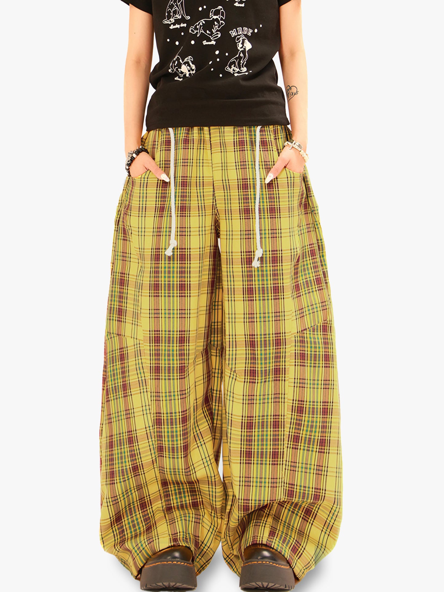 New Collection Plaid Wide Leg Drawstring Pants Baggy Streetwear Casual Trousers for Summer-S1022