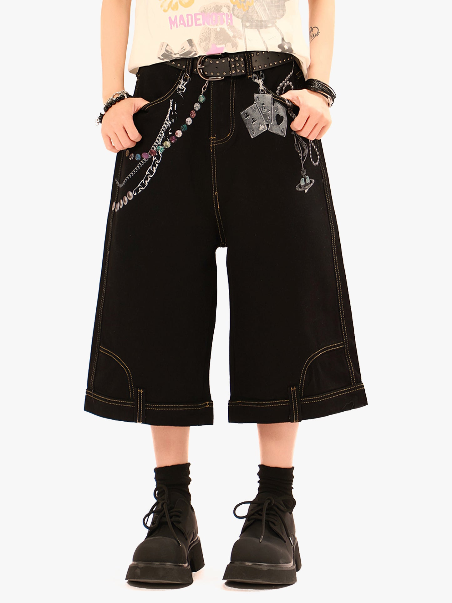 Chain Print Denim Shorts Unisex Streetwear Poker Graphic Loose Pants-S1014
