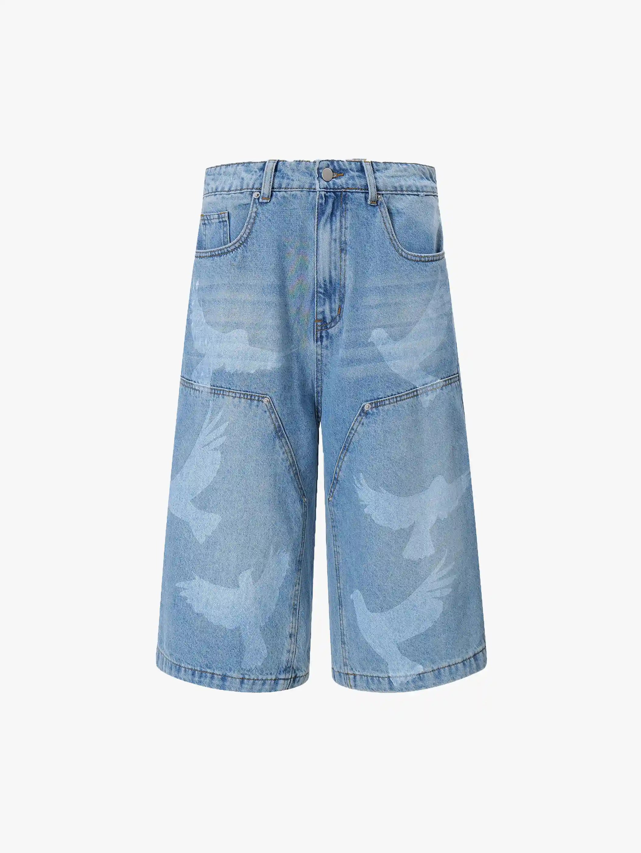 Trendy Black Denim Shorts with Bird Print Graphic Stylish Streetwear Casual Bermuda Pants - S966