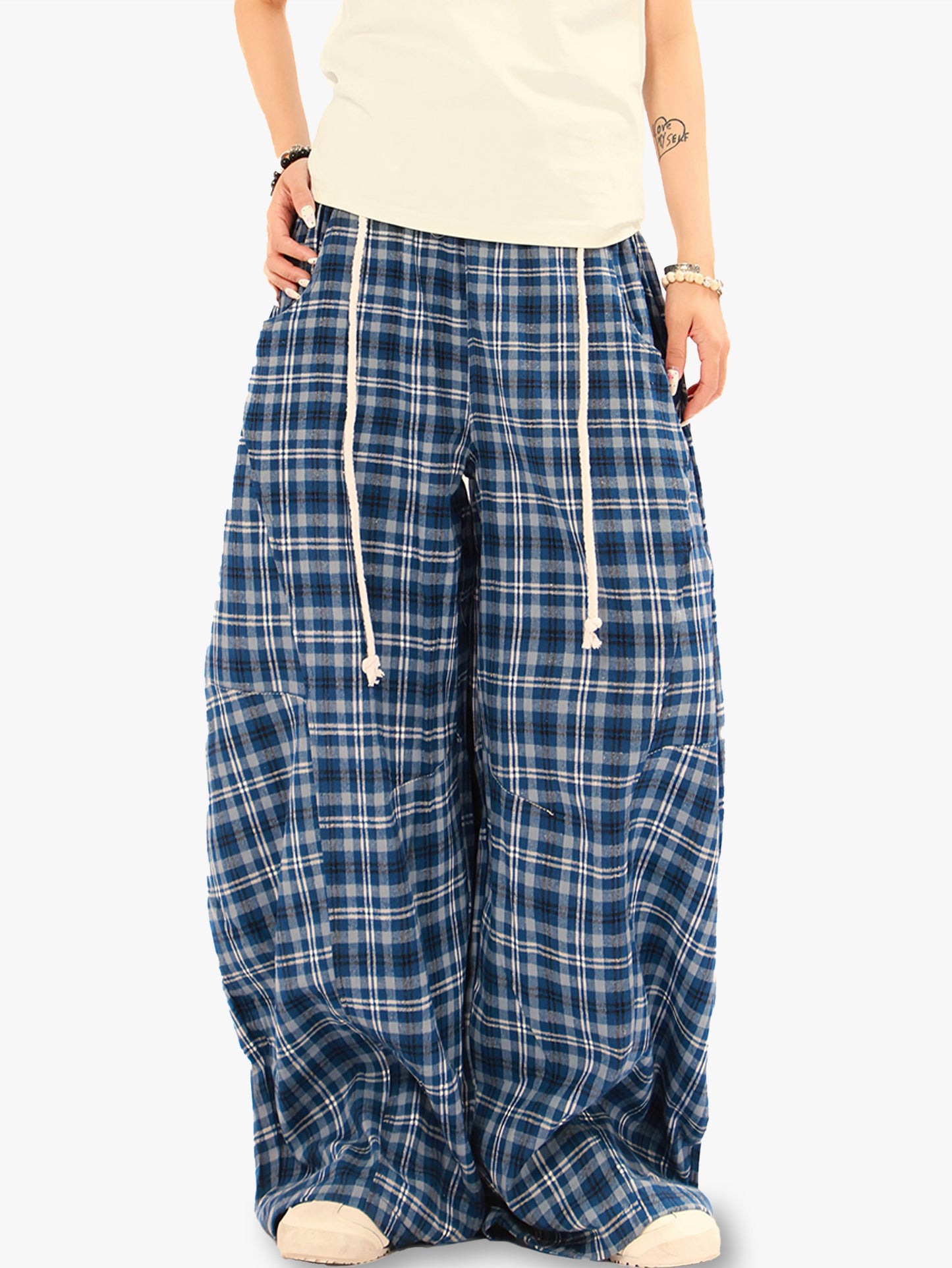 New Collection Plaid Wide Leg Drawstring Pants Baggy Streetwear Casual Trousers for Summer-S1022