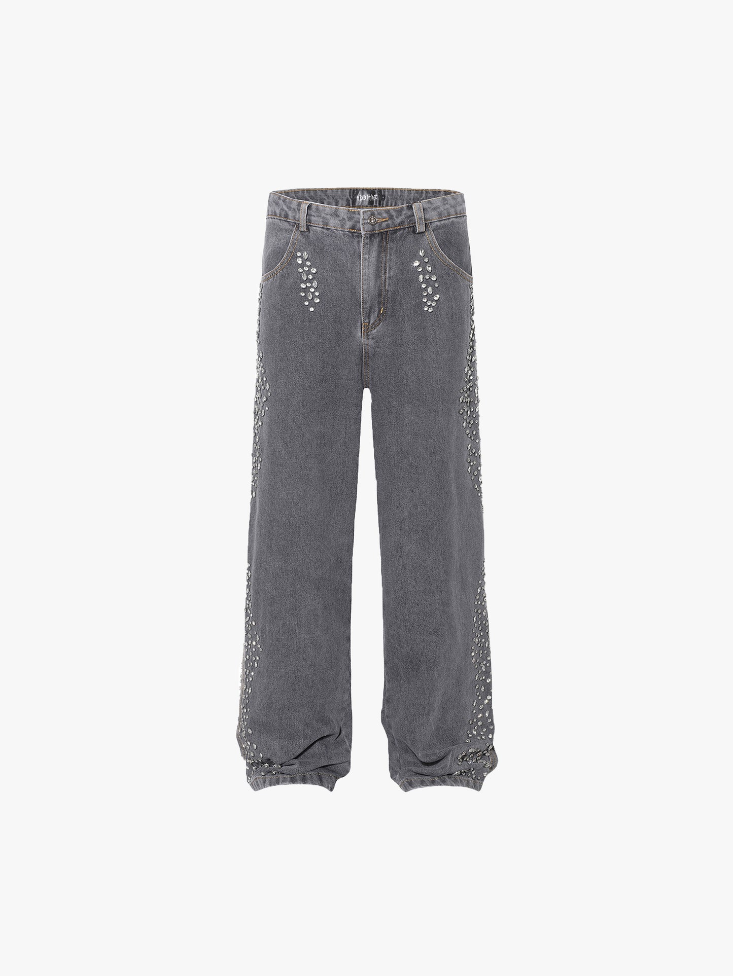 Casual Street Style High Waisted Wide Leg Jeans with Crystal Embellishments Light Blue Denim
