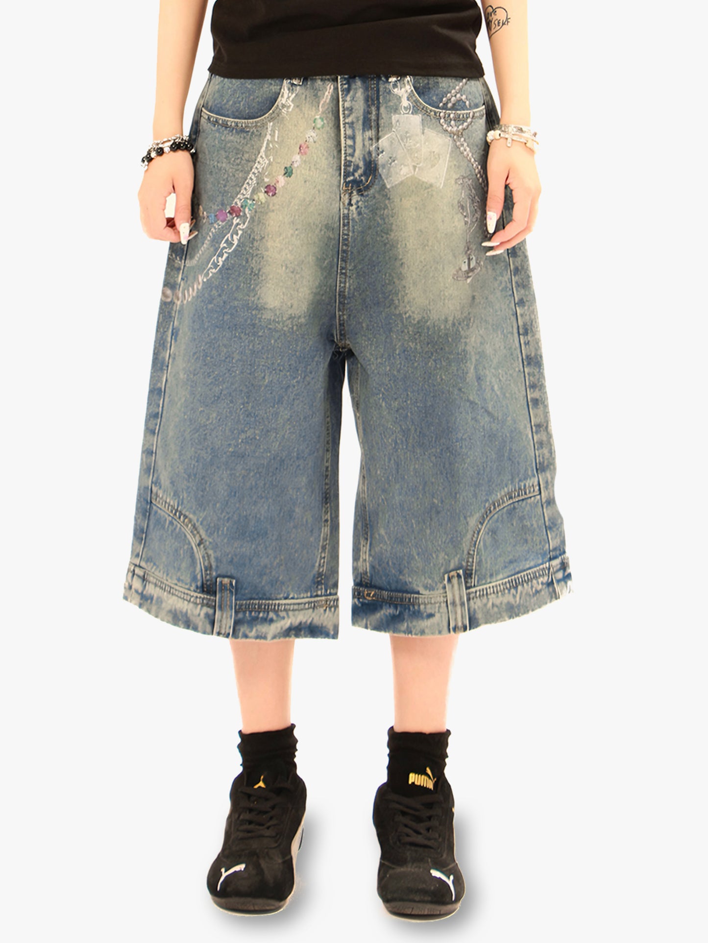 Chain Print Denim Shorts Unisex Streetwear Poker Graphic Loose Pants-S1014