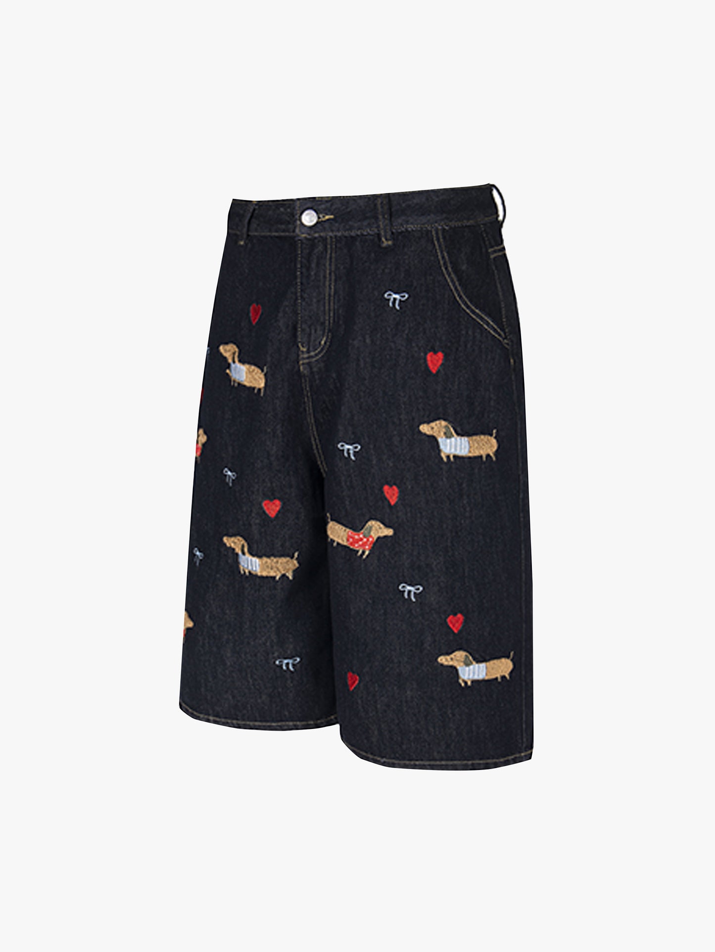 Embroidered Dachshund Denim Shorts Cute Puppy Print High Waist Pants-S1013