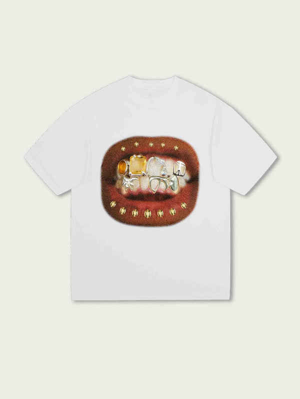 Popular diamond - patterned teeth white oversized T - shirt