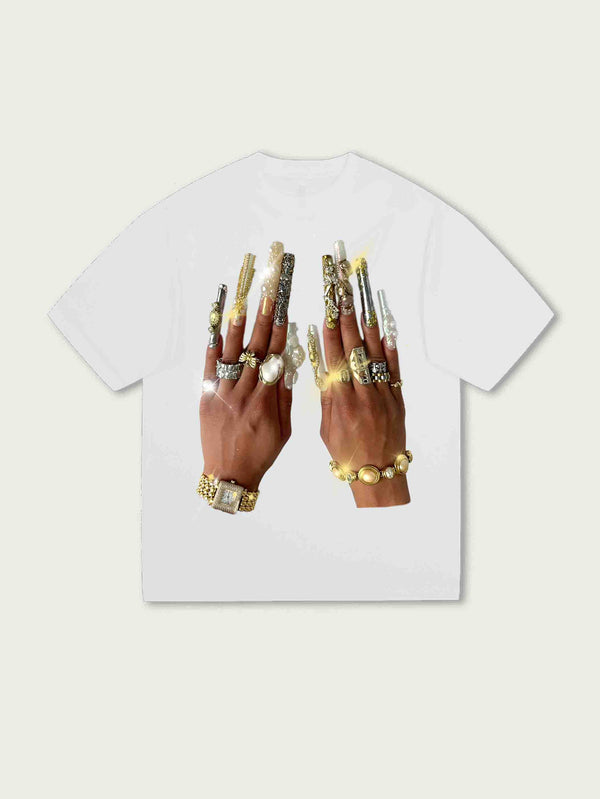 Gorgeous gold - ring - inspired nail art, a trendy look for hot girls, paired with a unique T - shirt.