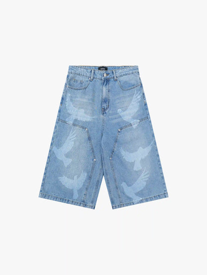 Trendy Black Denim Shorts with Bird Print Graphic Stylish Streetwear Casual Bermuda Pants - S966