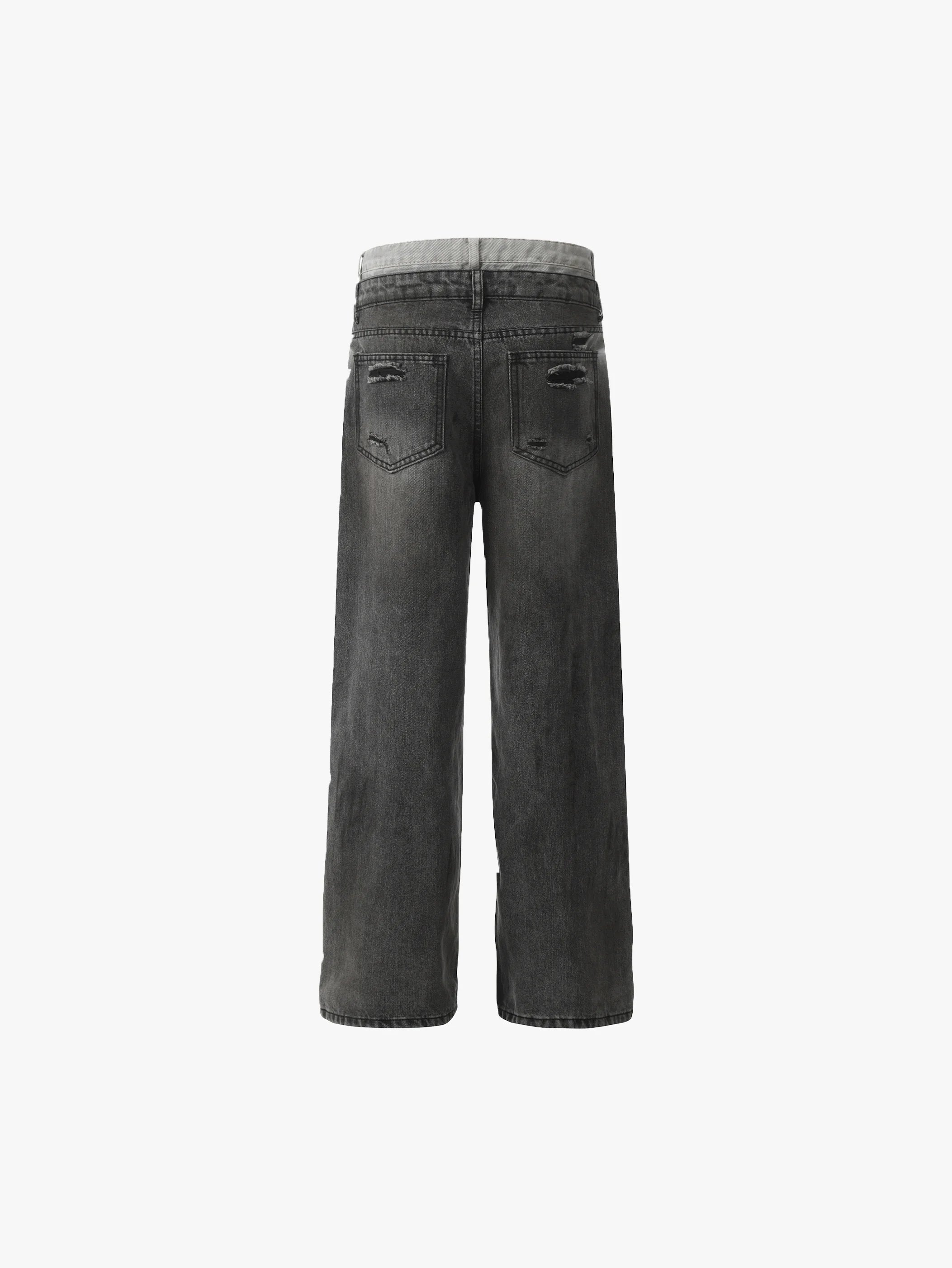 Double Crazy Distressed Wide-Leg Denim with Rips and Studded Detailing Trendy Streetwear Trousers - S989