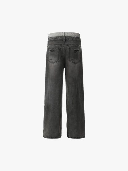 Double Crazy Distressed Wide-Leg Denim with Rips and Studded Detailing Trendy Streetwear Trousers - S989