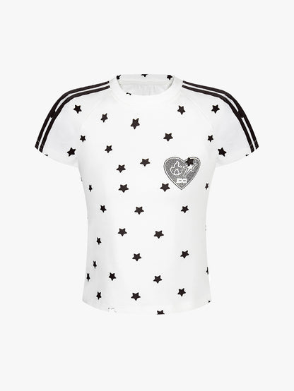 Y2K Star Print Heart Patch Sporty T-shirt-S1002