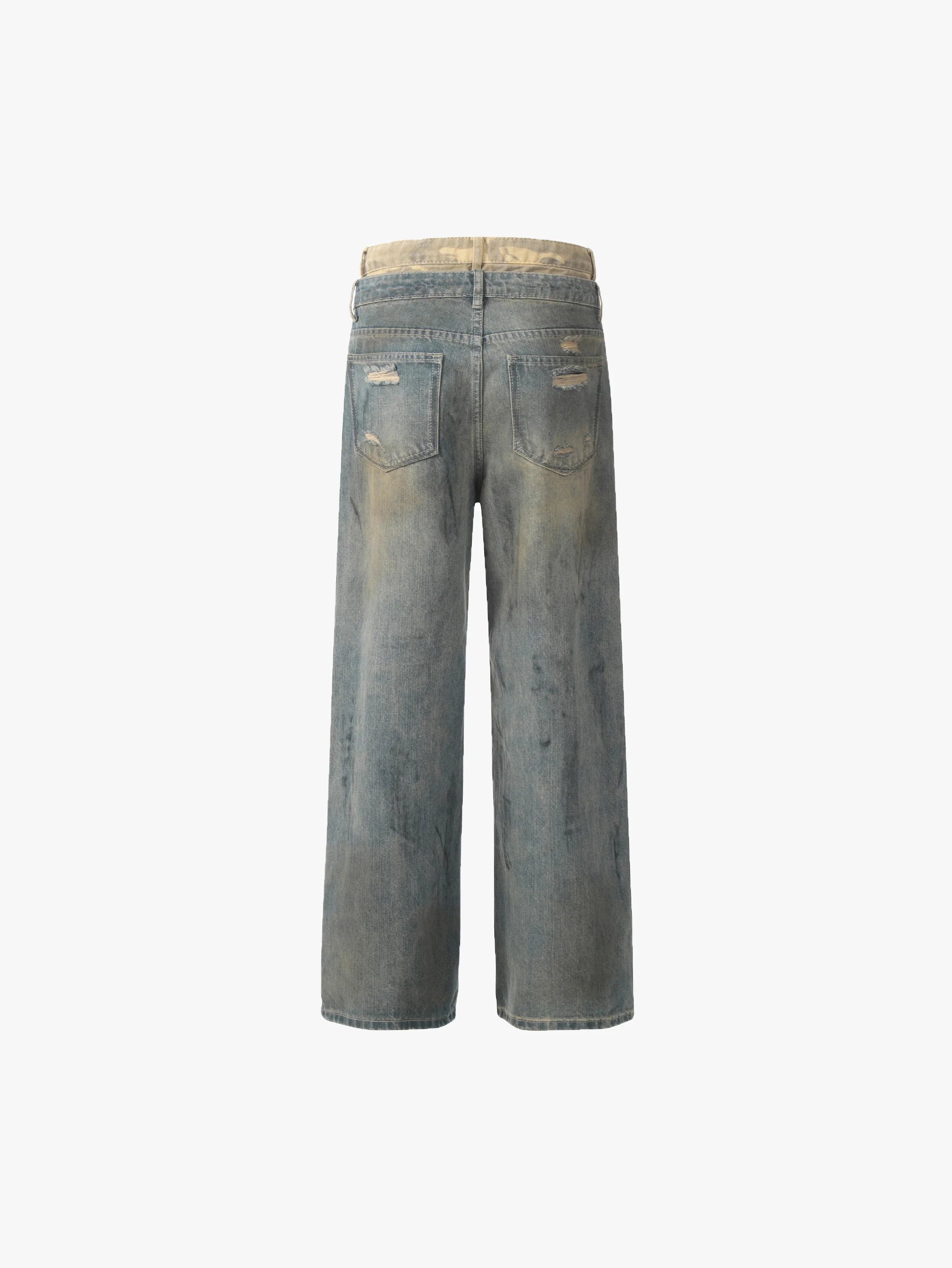 Double Crazy Distressed Wide-Leg Denim with Rips and Studded Detailing Trendy Streetwear Trousers - S989