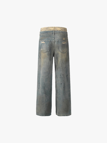 Double Crazy Distressed Wide-Leg Denim with Rips and Studded Detailing Trendy Streetwear Trousers - S989