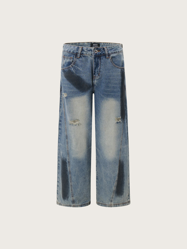 Vintage Washed Classic Button Wide-Leg Denim Jeans with Faded Ombre Effect and Subtle Distressed Details