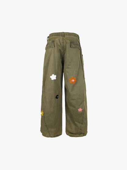 Double Crazy Floral Embroidered Denim Pants with Side Pockets Trendy Streetwear Casual Loose Fit