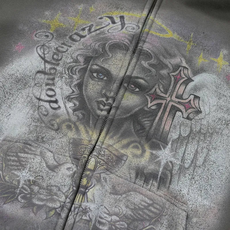 Washed Angel Cross Zip Hoodie-810