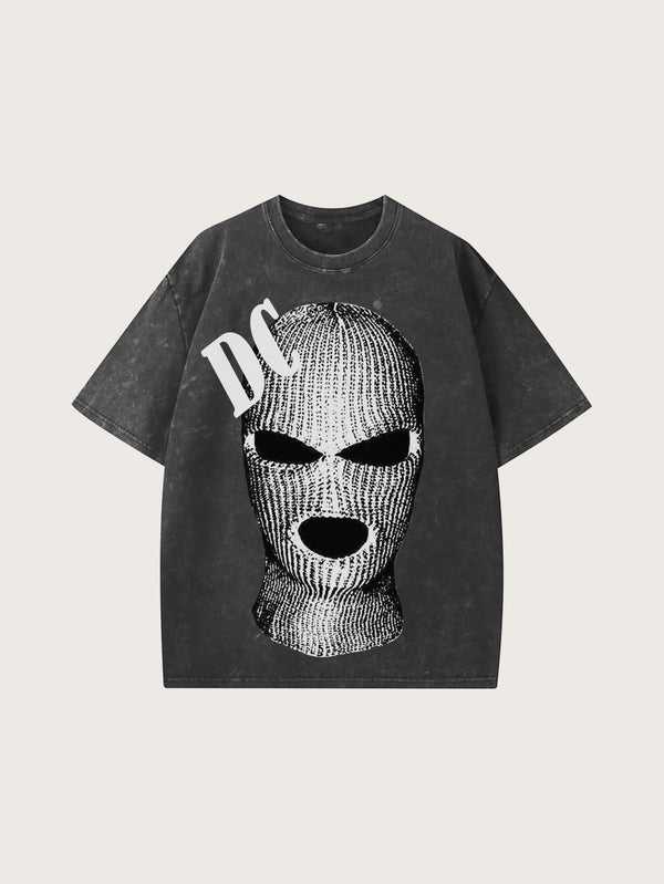 DC Print Graphic Tee with Knitted Mask Design Streetwear Oversized Black T-Shirt