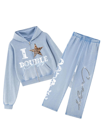 Iced Leopard Star Zip Hoodie Set-837