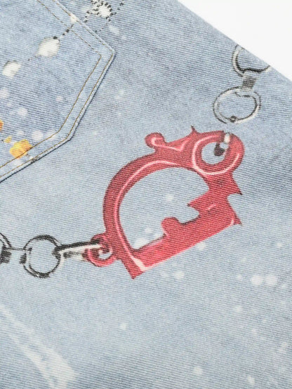 New Style Denim Shorts with Chains and Colorful Charms Trendy Streetwear Casual Shorts - S991