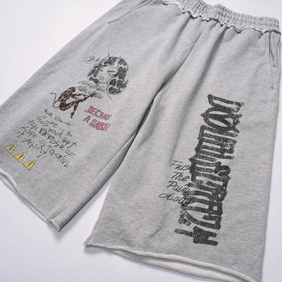 Faded Gothic Text Raw Shorts-736
