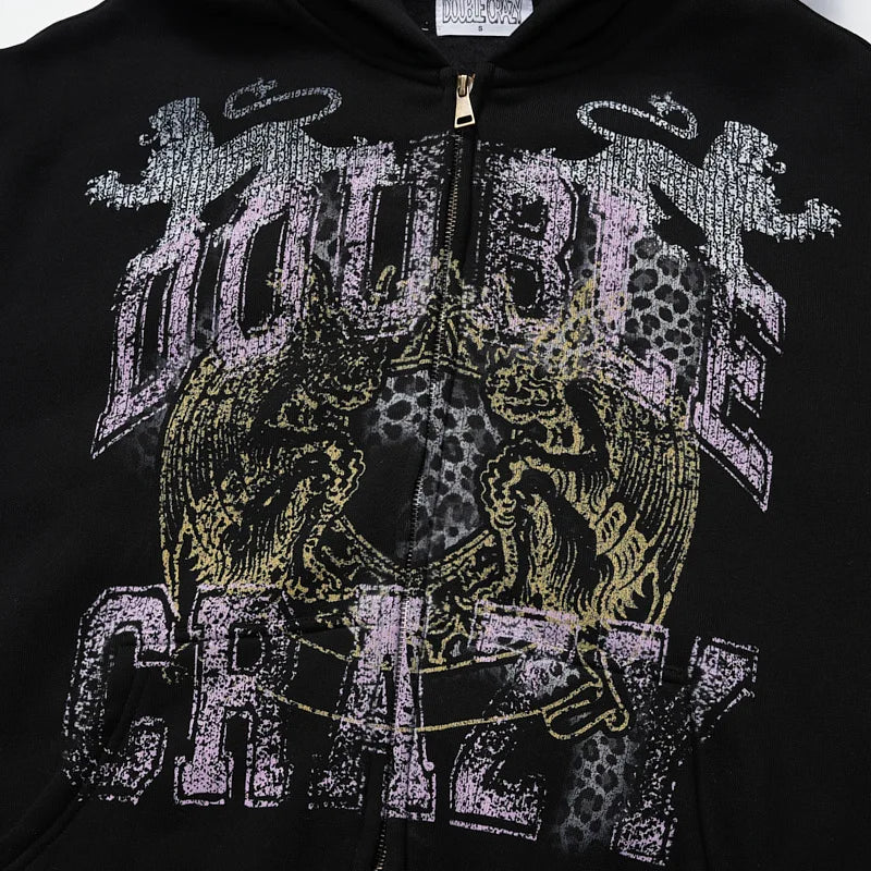 Sweat à capuche zippé à motif léopard délavé-752