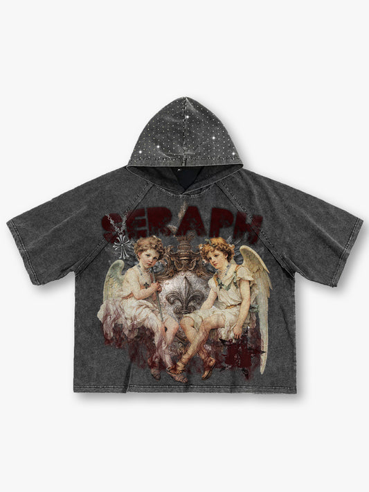 Streetwear Style Angel Graphic Hoodie Vintage Washed Oversized T Shirt Seraph Print-190