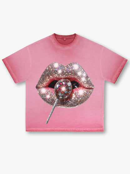 Pink Glitter Lips Graphic Tee Sparkling Lollipop Print T-Shirt