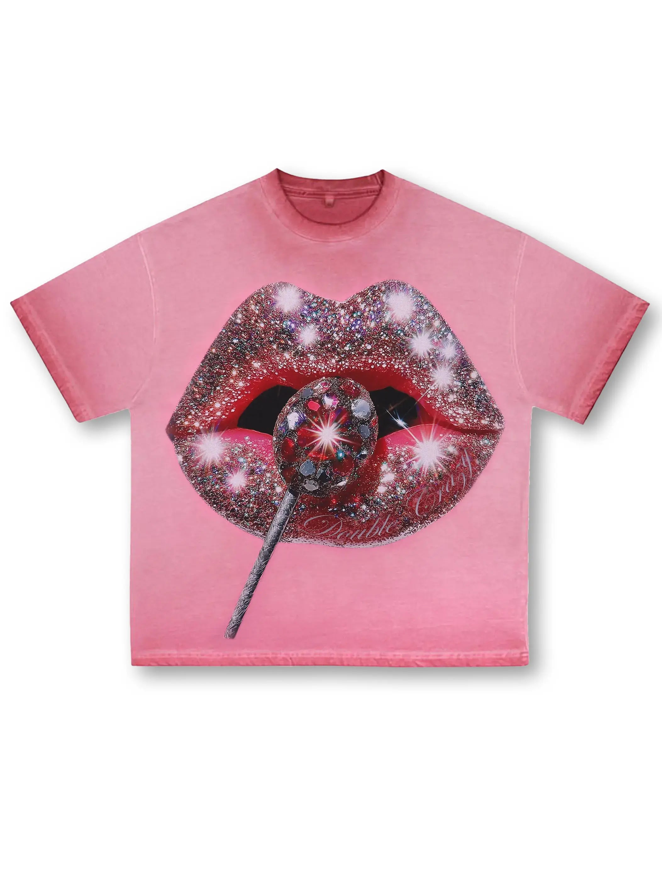 T-shirt graphique à lèvres roses pailletées et à imprimé sucette scintillante