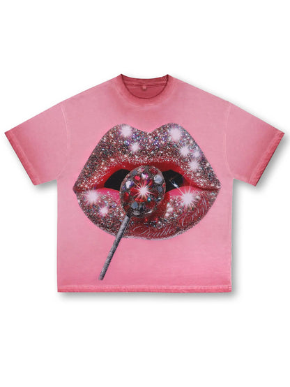 T-shirt graphique à lèvres roses pailletées et à imprimé sucette scintillante