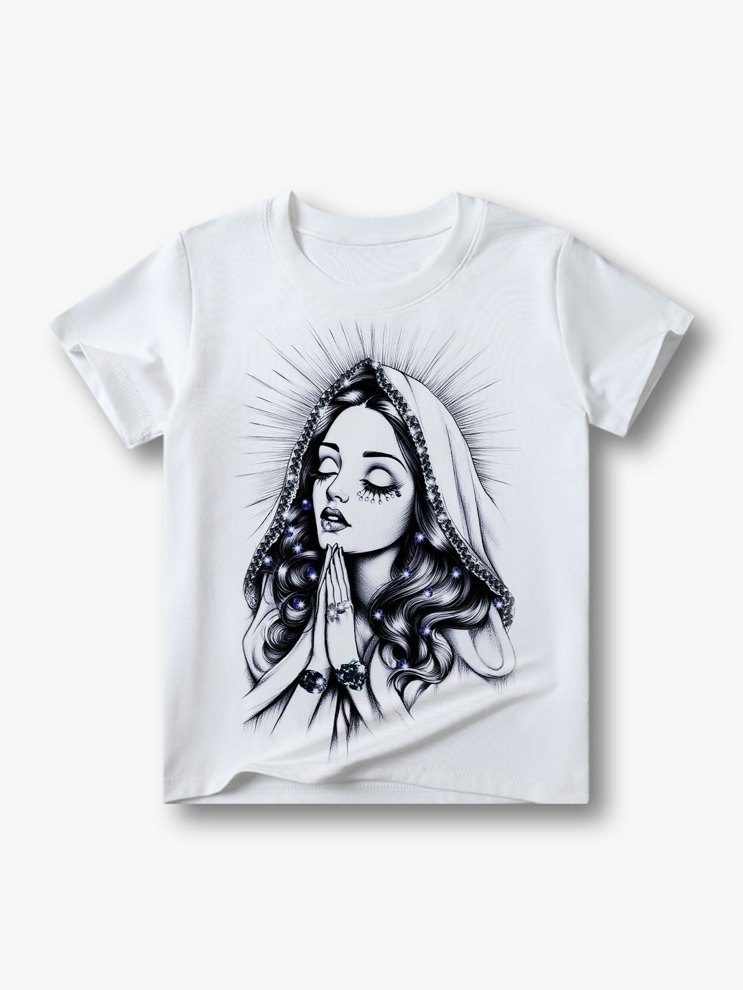 New Style Graphic Tee with Praying Virgin Mary Print Blue Religious Art Design Unisex Casual Fashion T-Shirt