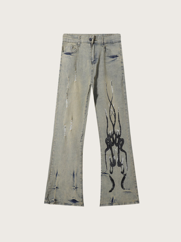 Wide-Leg Distressed Denim Pants with Abstract Embroidered Graphics