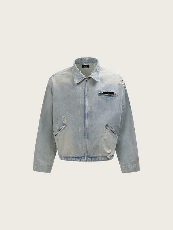 Vintage Washed Denim Jacket Front Patch Accent for a Timeless Urban Aesthetic