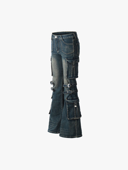 Distressed Cargo Denim Pants with Adjustable Buckled Straps for a Bold Look - S995