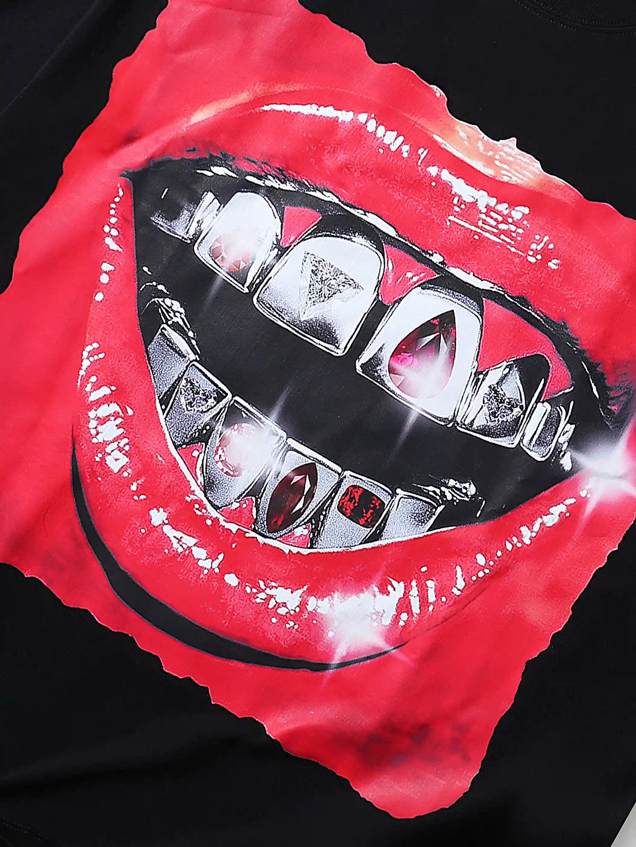 T-shirt graphique de luxe Diamond Grillz Mouth noir style streetwear mode hip-hop