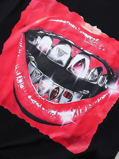 T-shirt graphique de luxe Diamond Grillz Mouth noir style streetwear mode hip-hop