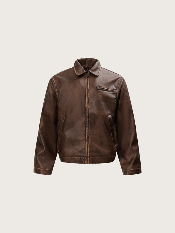 Classic Brown Faux Leather Jacket with Front Zip Closure and Slim Collar