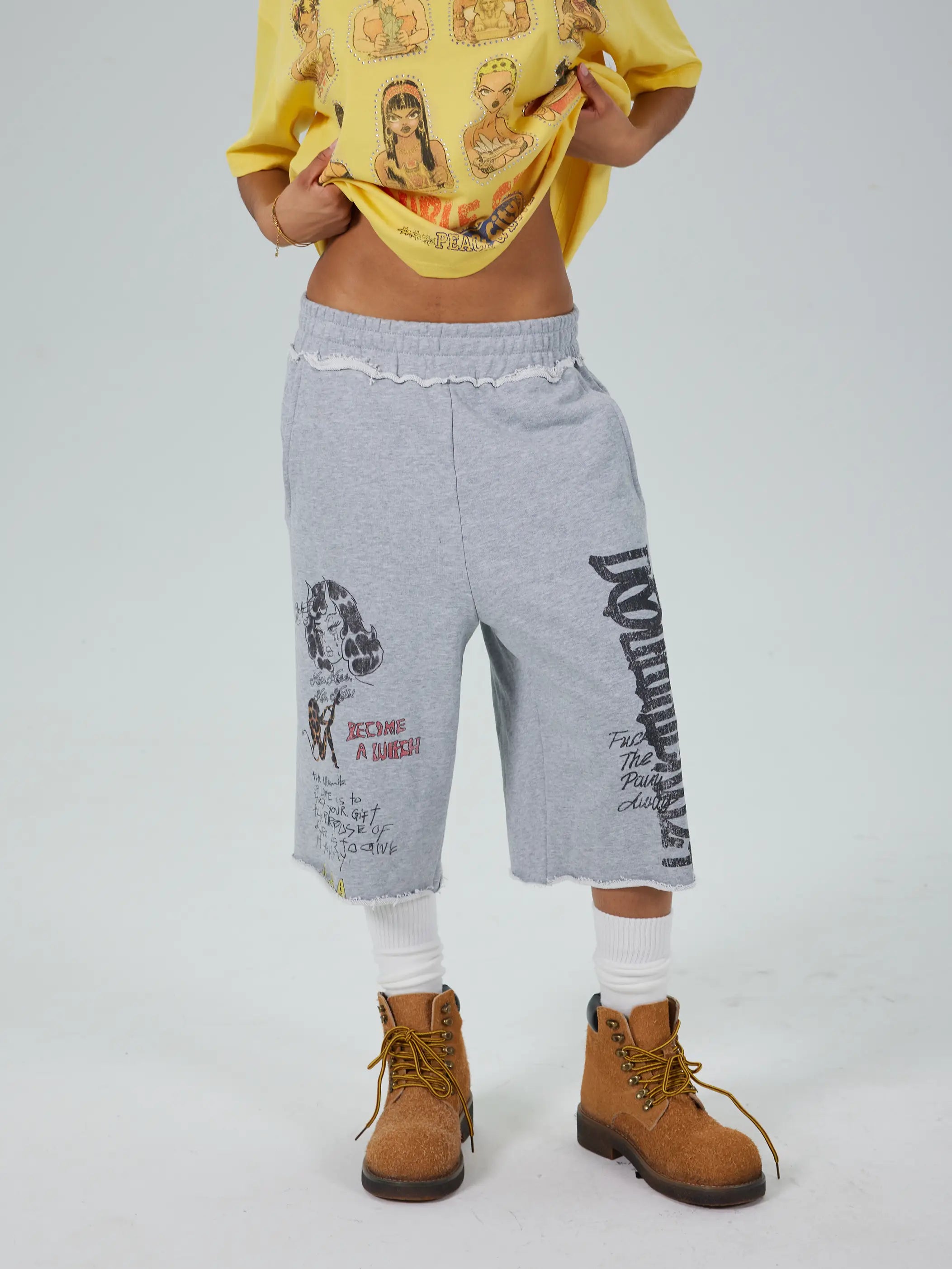 Faded Gothic Text Raw Shorts-736