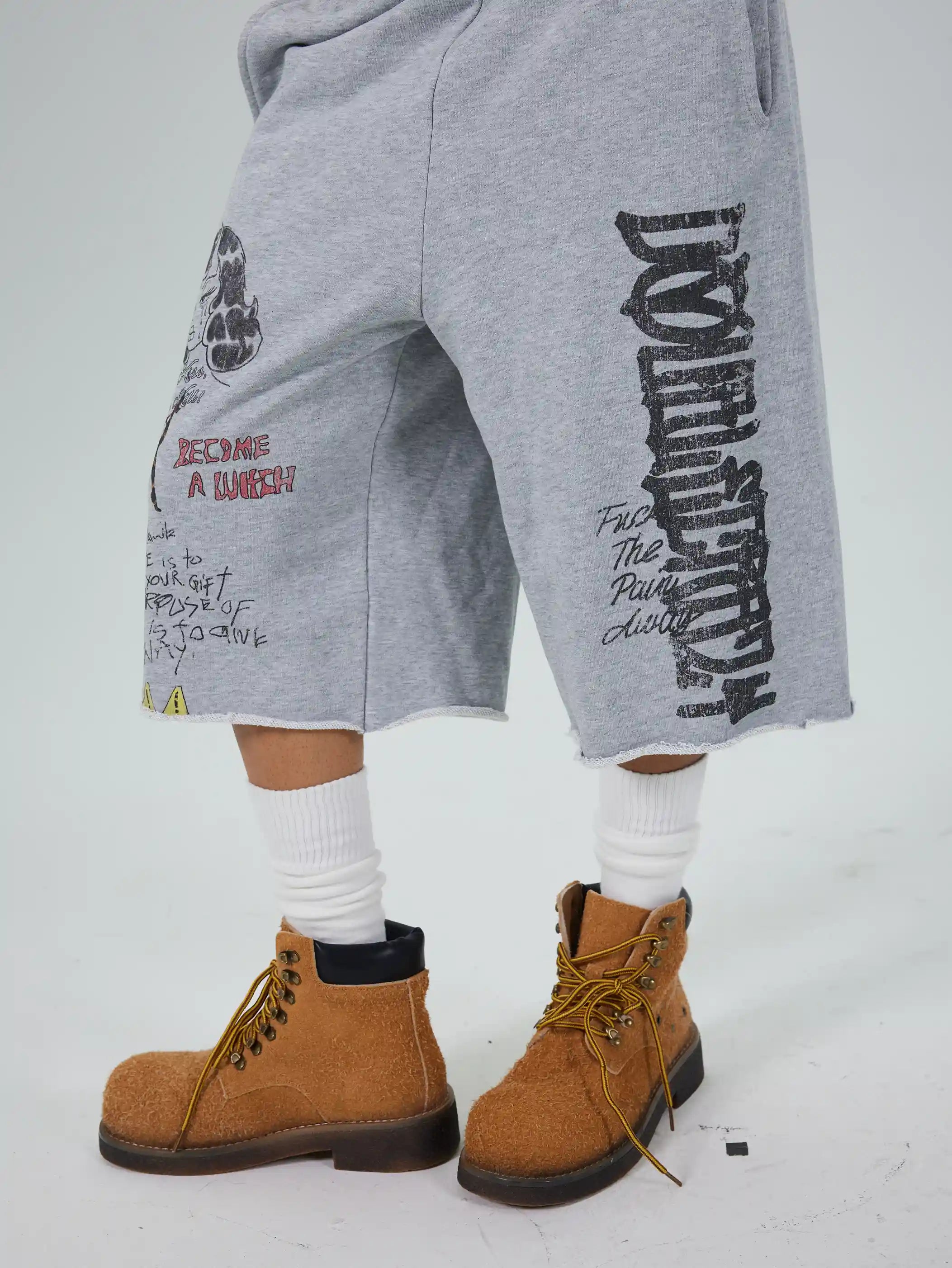 Faded Gothic Text Raw Shorts-736