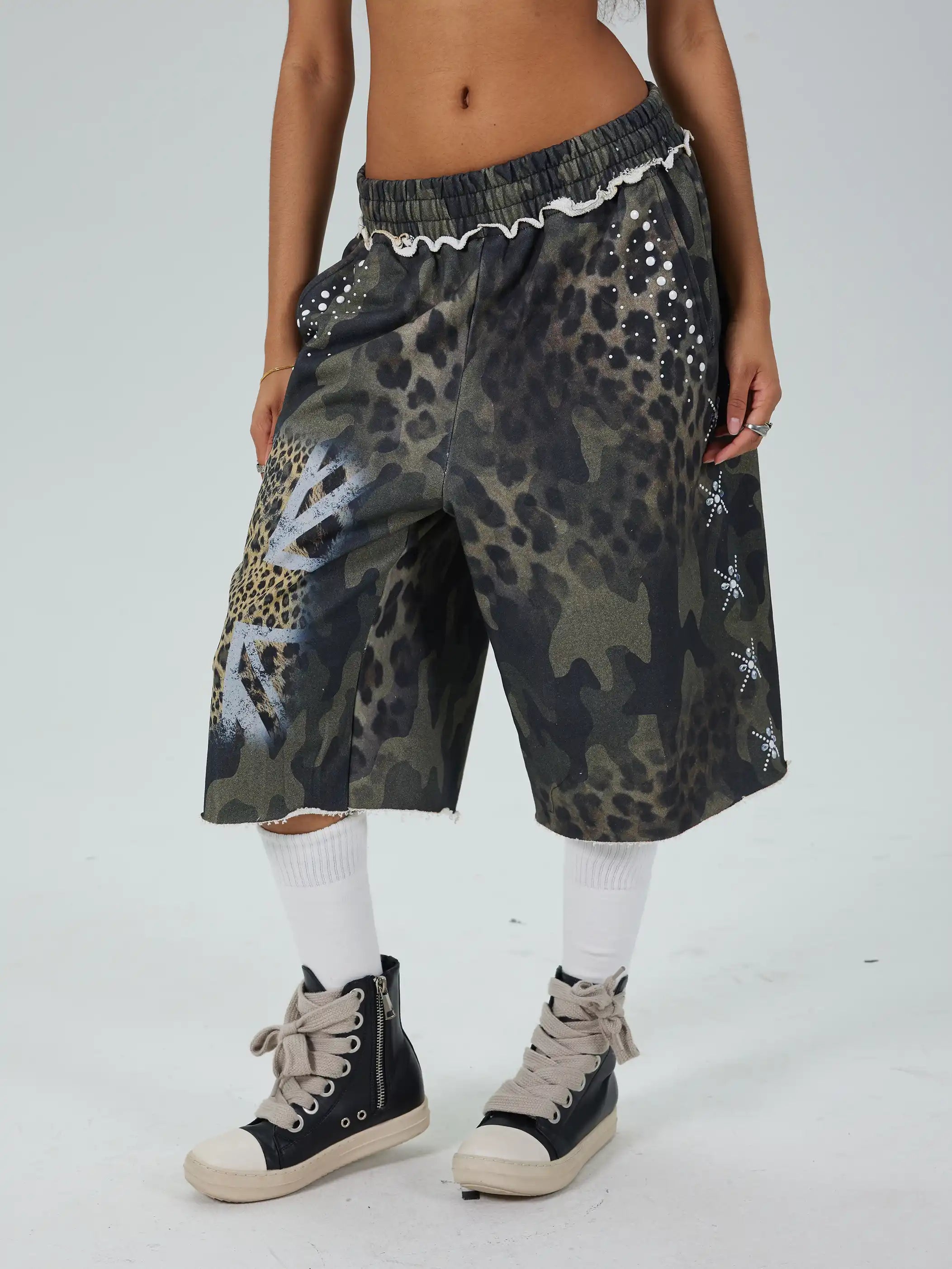 Rhinestone Leopard Camo Shorts-739
