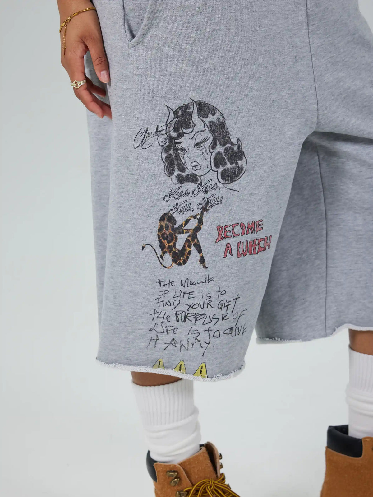 Faded Gothic Text Raw Shorts-736