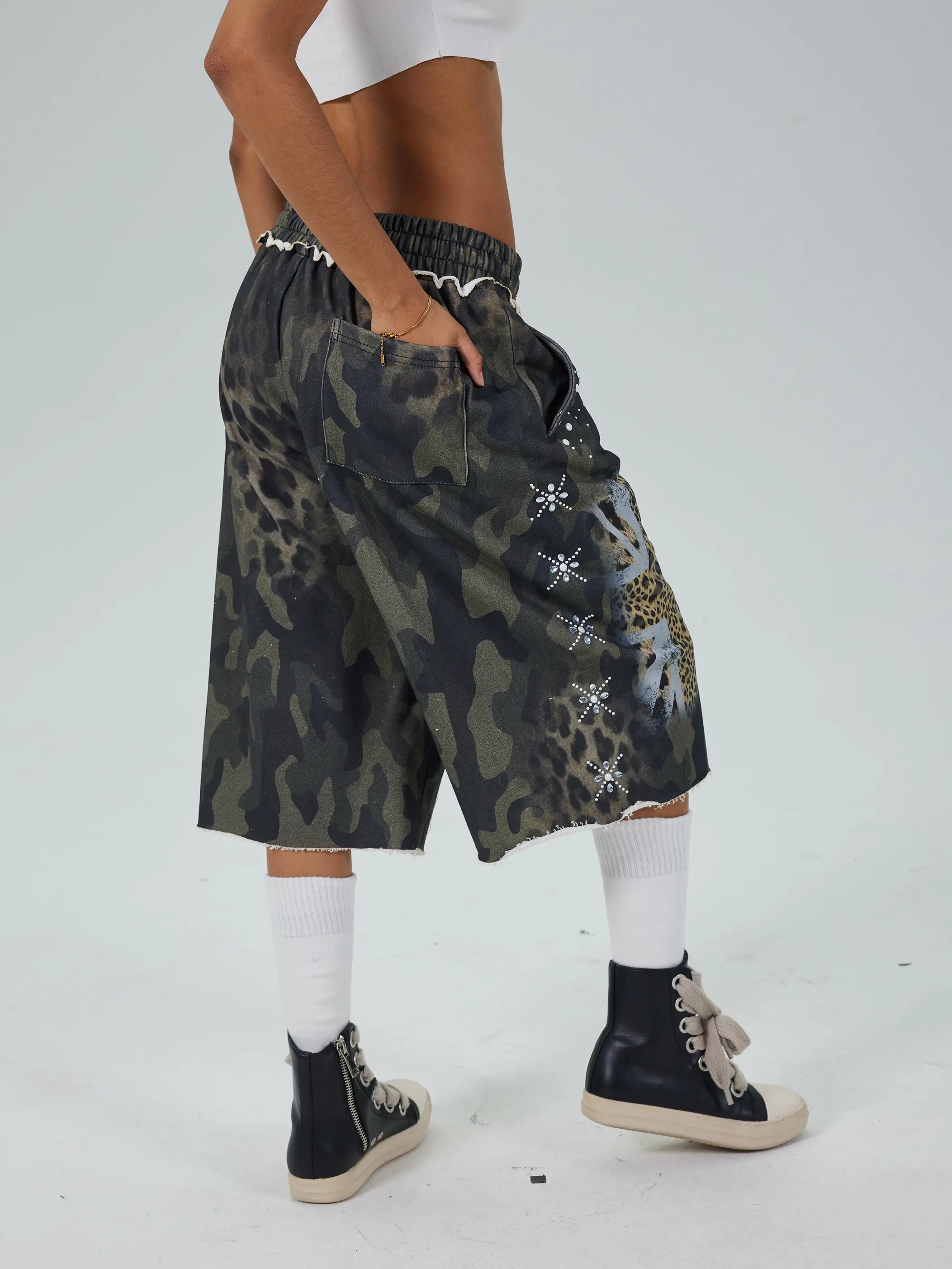 Rhinestone Leopard Camo Shorts-739