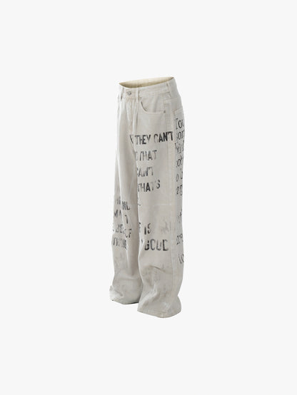 New Arrival Wide-Leg Denim Pants with Graphic Text Print Trendy Streetwear Fashion Trousers - S981