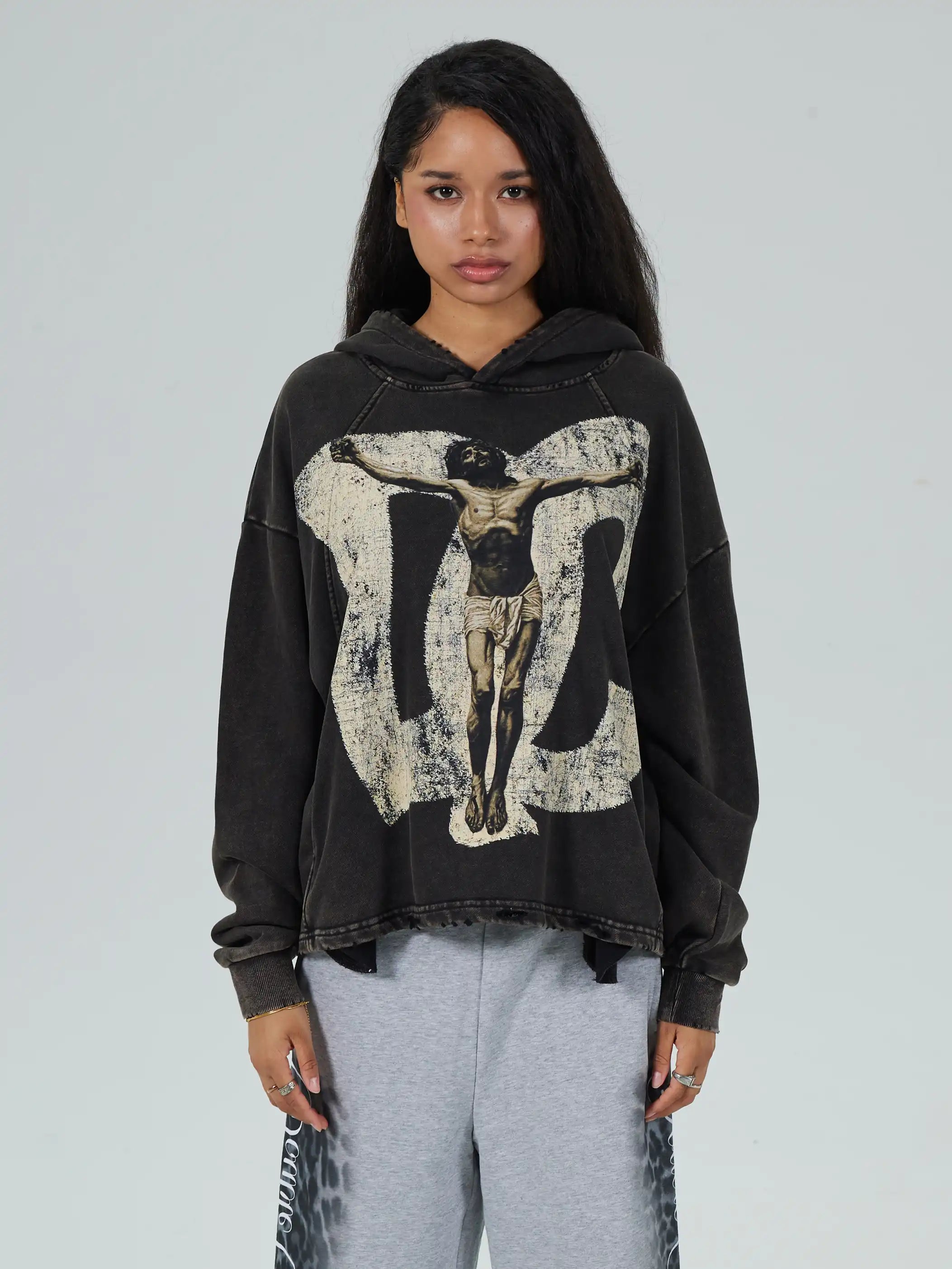 Vintage Savior Print Boxy Hoodie-719