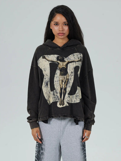 Vintage Savior Print Boxy Hoodie-719