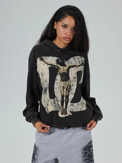 Vintage Savior Print Boxy Hoodie-719