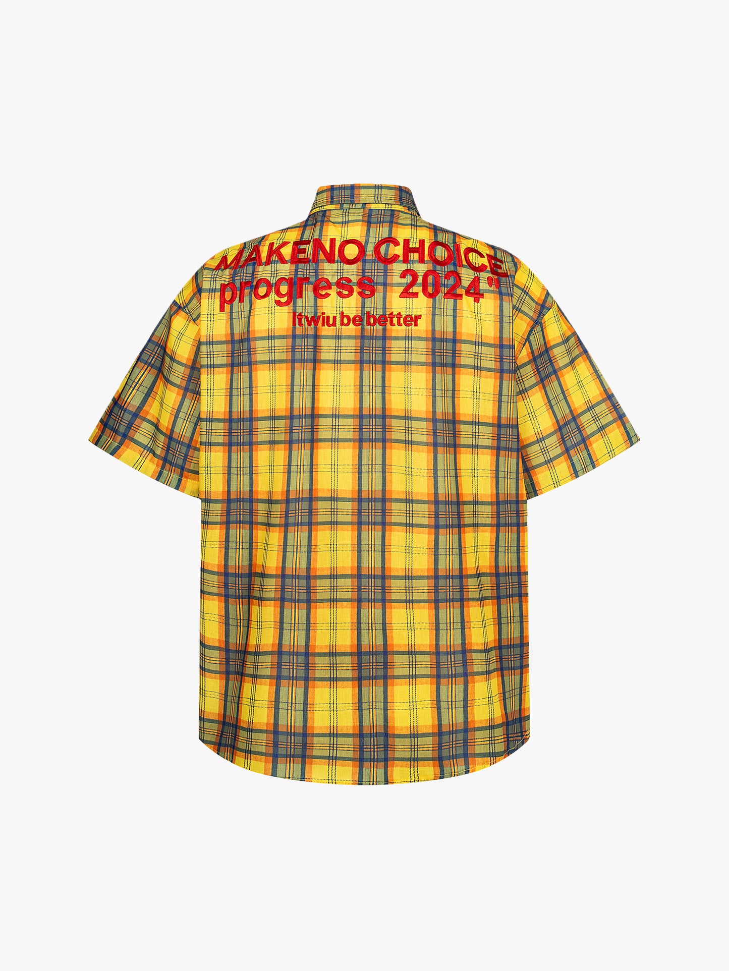 New Style Yellow Plaid Shirt Men Streetwear Graphic Pocket Back Print Summer Top-S1017